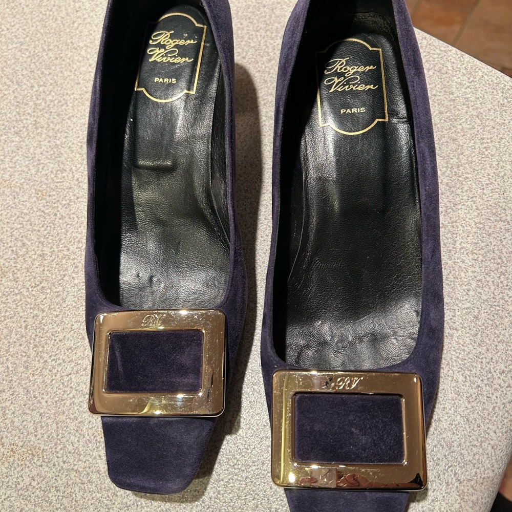 Roger Vivier Dark Blue Shoes with Gold Buckle